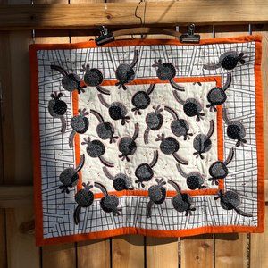 Handmade Quilt "Pomegranates Gone Wild" Black & Orange MCM White beads 36 x 31"